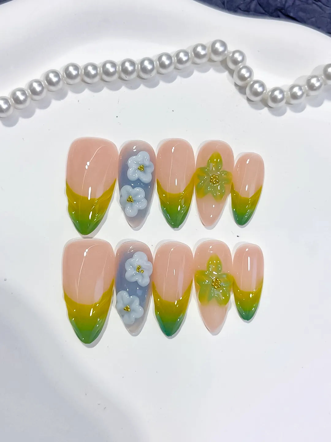 Nude Green Yellow Blue French tip Flower Butterfly press on nails detail view