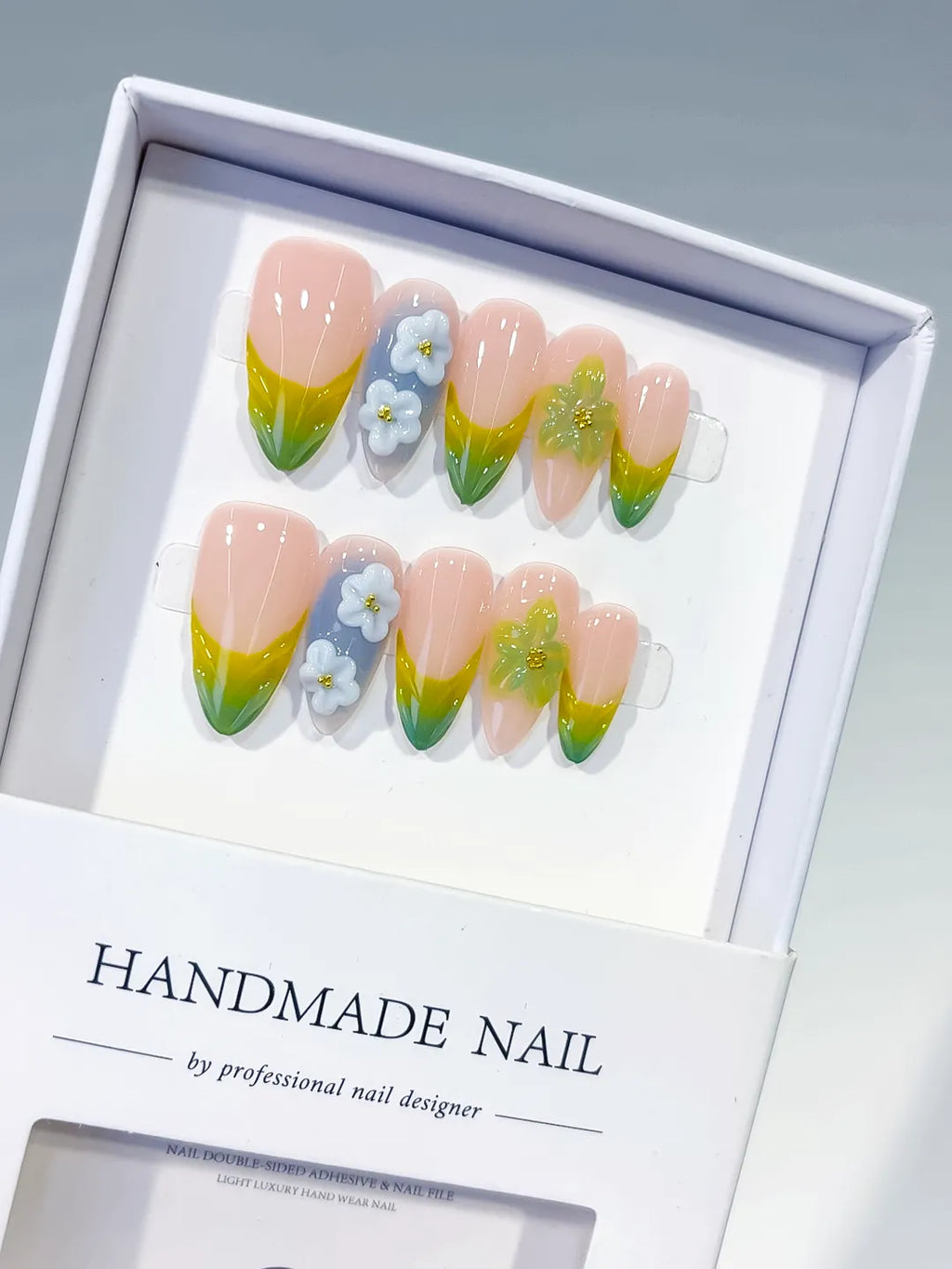 Nude Green Yellow Blue French tip Flower Butterfly press on nails