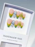 Nude Green Yellow Blue French tip Flower Butterfly press on nails