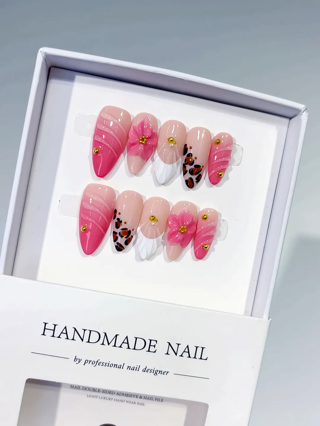 Pink White Brown Gold French tip Flower Animal Print Stud press on nails