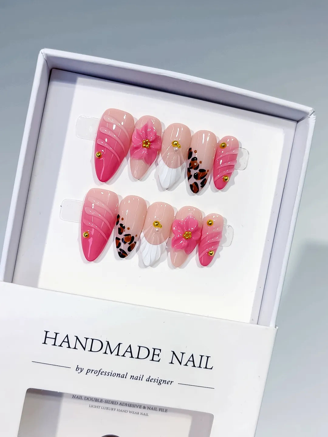Pink White Brown Gold French tip Flower Animal Print Stud press on nails