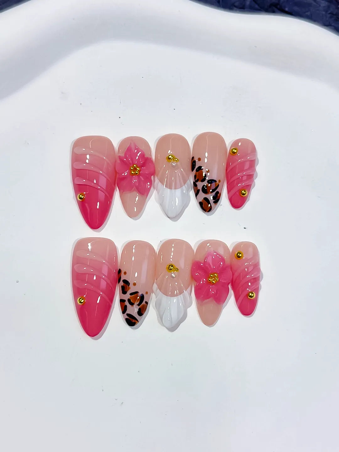 Pink White Brown Gold French tip Flower Animal Print Stud press on nails close up