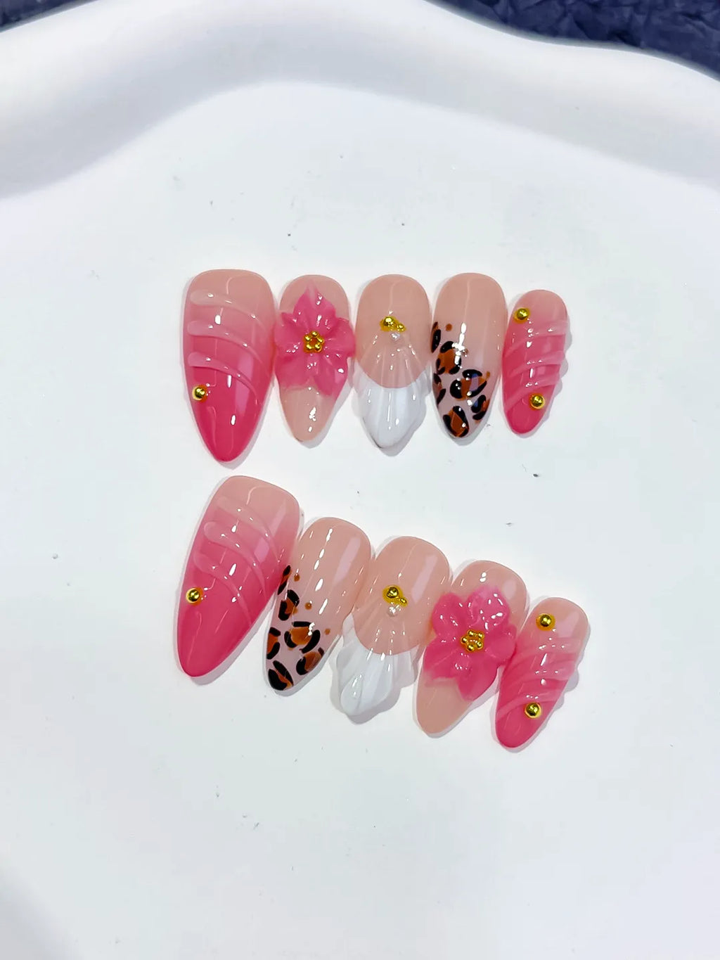 Pink White Brown Gold French tip Flower Animal Print Stud press on nails detail view
