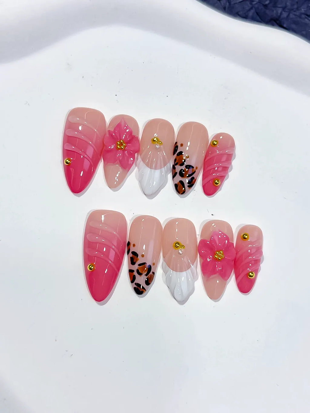 Pink White Brown Gold French tip Flower Animal Print Stud press on nails detail view