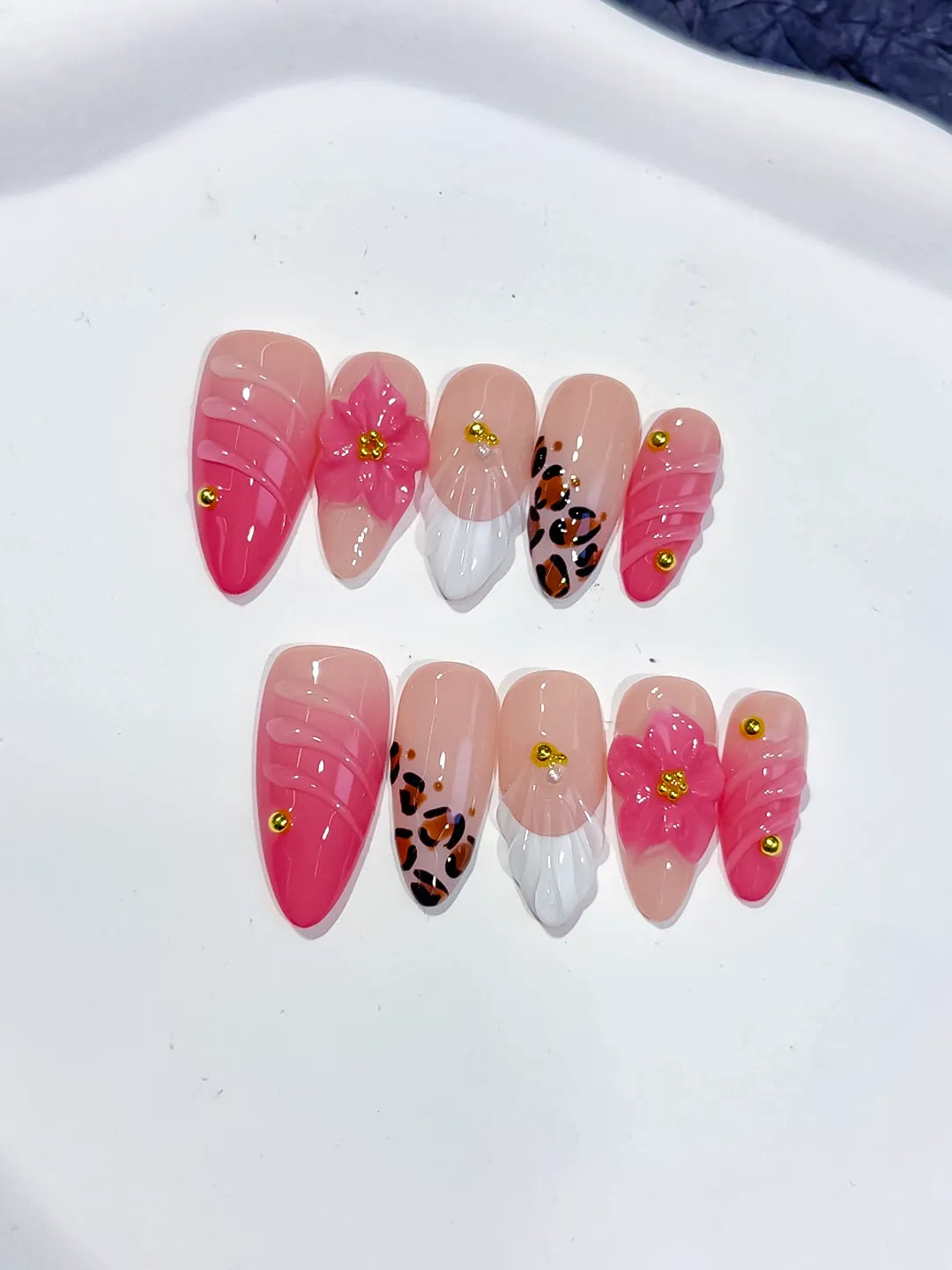 Pink White Brown Gold French tip Flower Animal Print Stud press on nails detail view