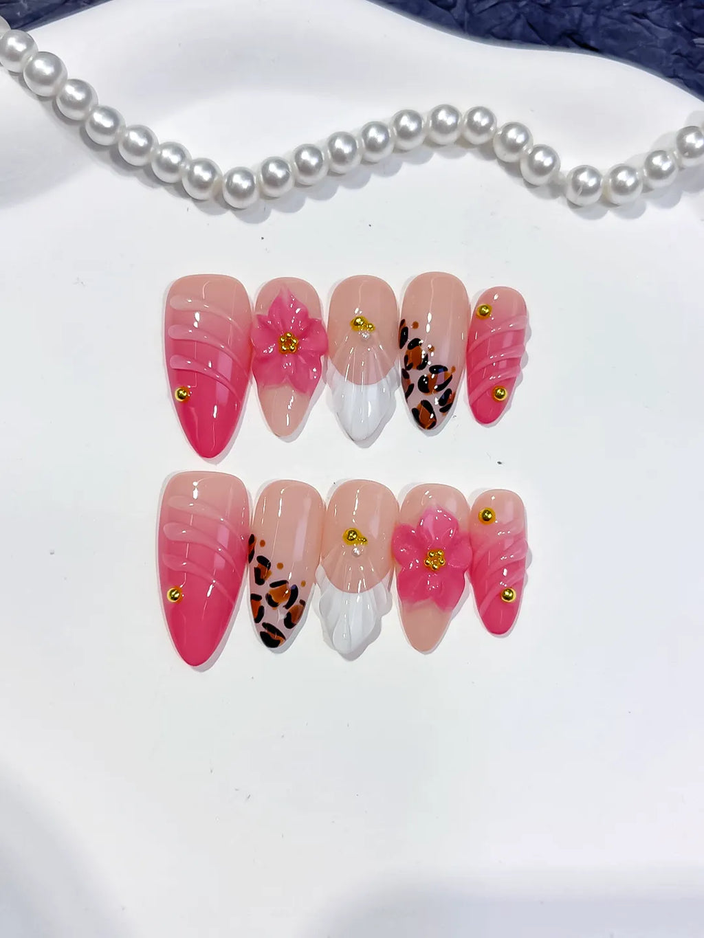 Pink White Brown Gold French tip Flower Animal Print Stud press on nails detail view