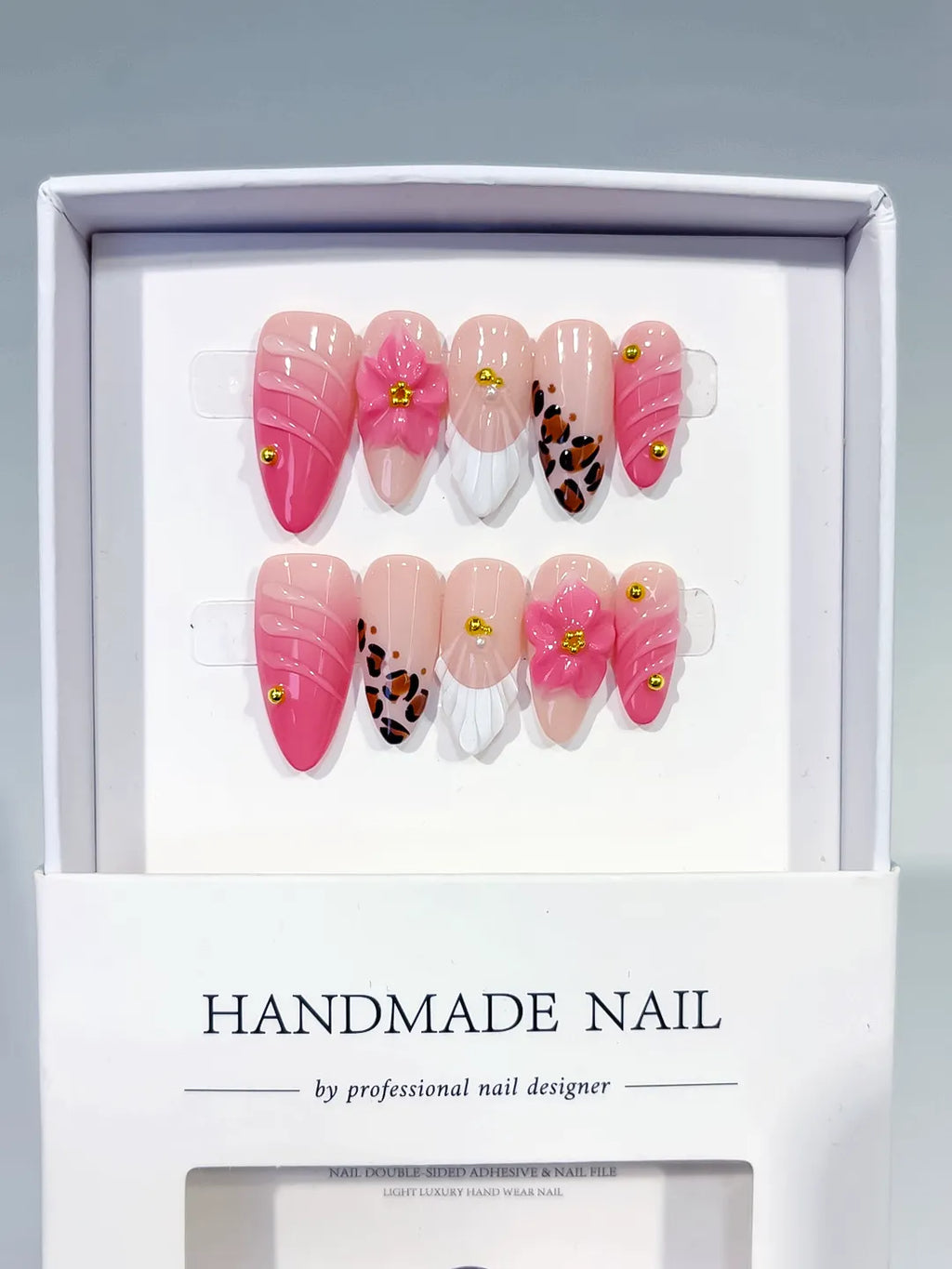 Pink White Brown Gold French tip Flower Animal Print Stud press on nails full set view