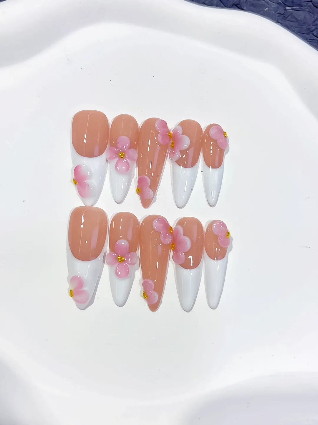 Nude White Pink French tip Flower press on nails detail view