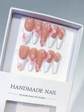 Nude White Pink French tip Flower press on nails