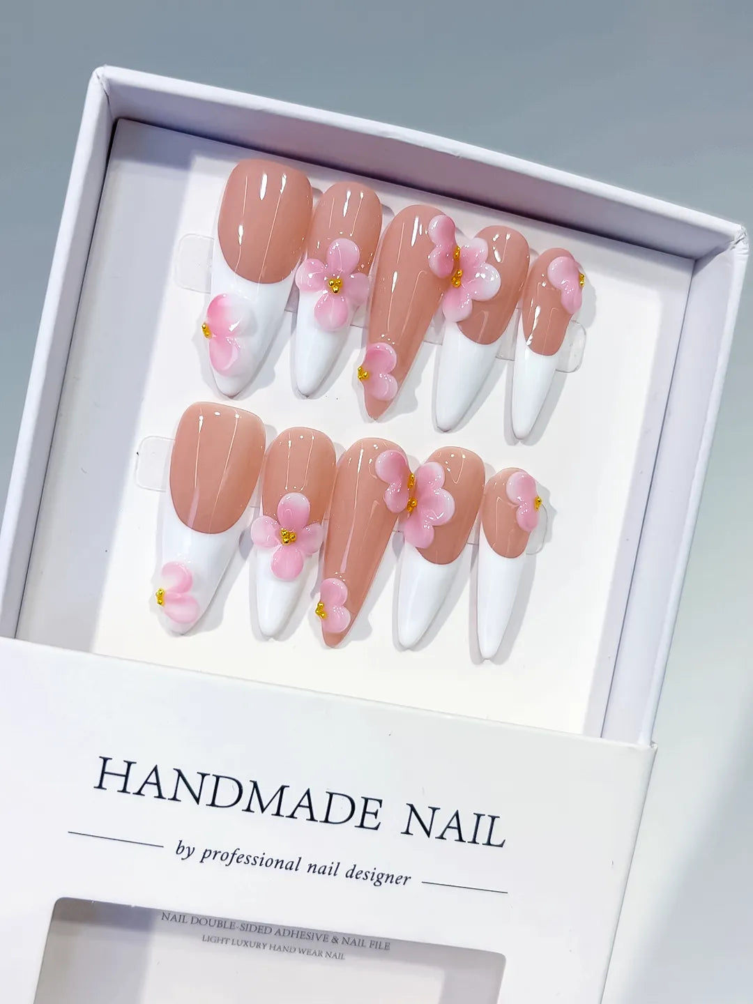 Nude White Pink French tip Flower press on nails