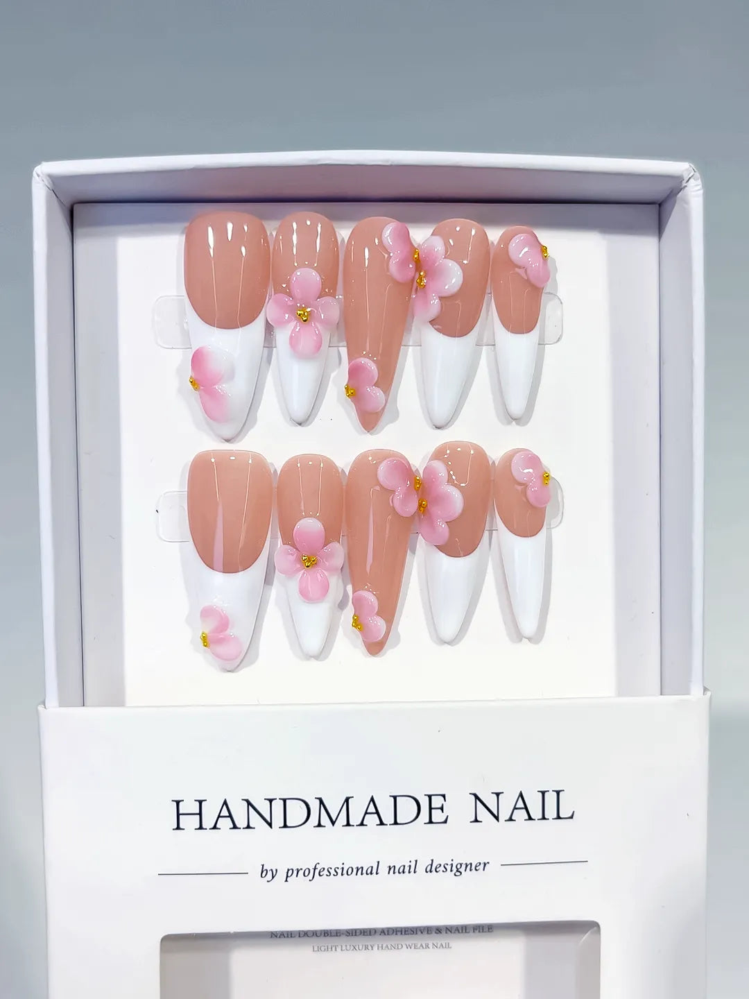 Nude White Pink French tip Flower press on nails full set view