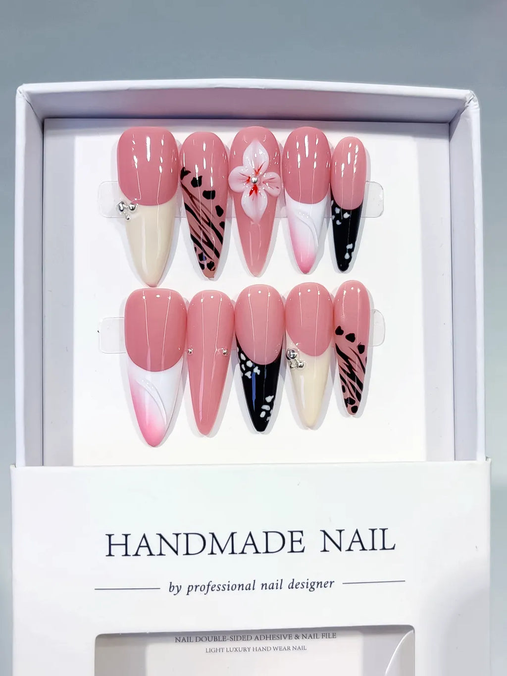 Pink White Black Abstract Flower Animal Print Dot Pattern press on nails full set view