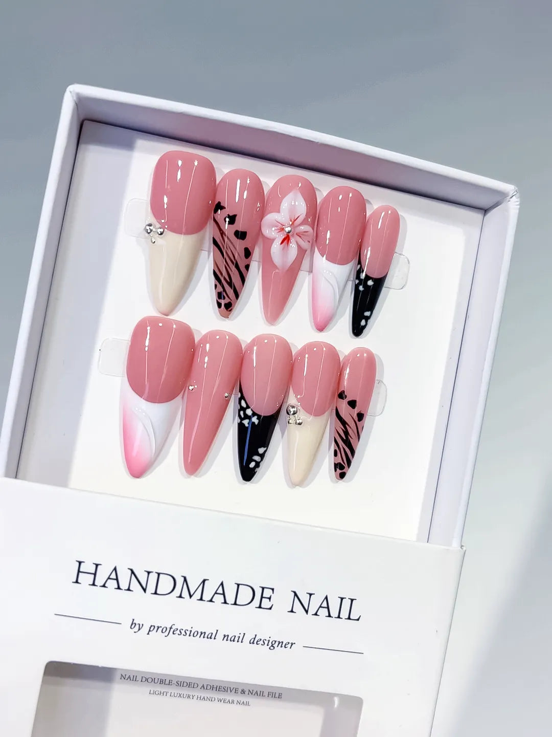 Pink White Black Abstract Flower Animal Print Dot Pattern press on nails
