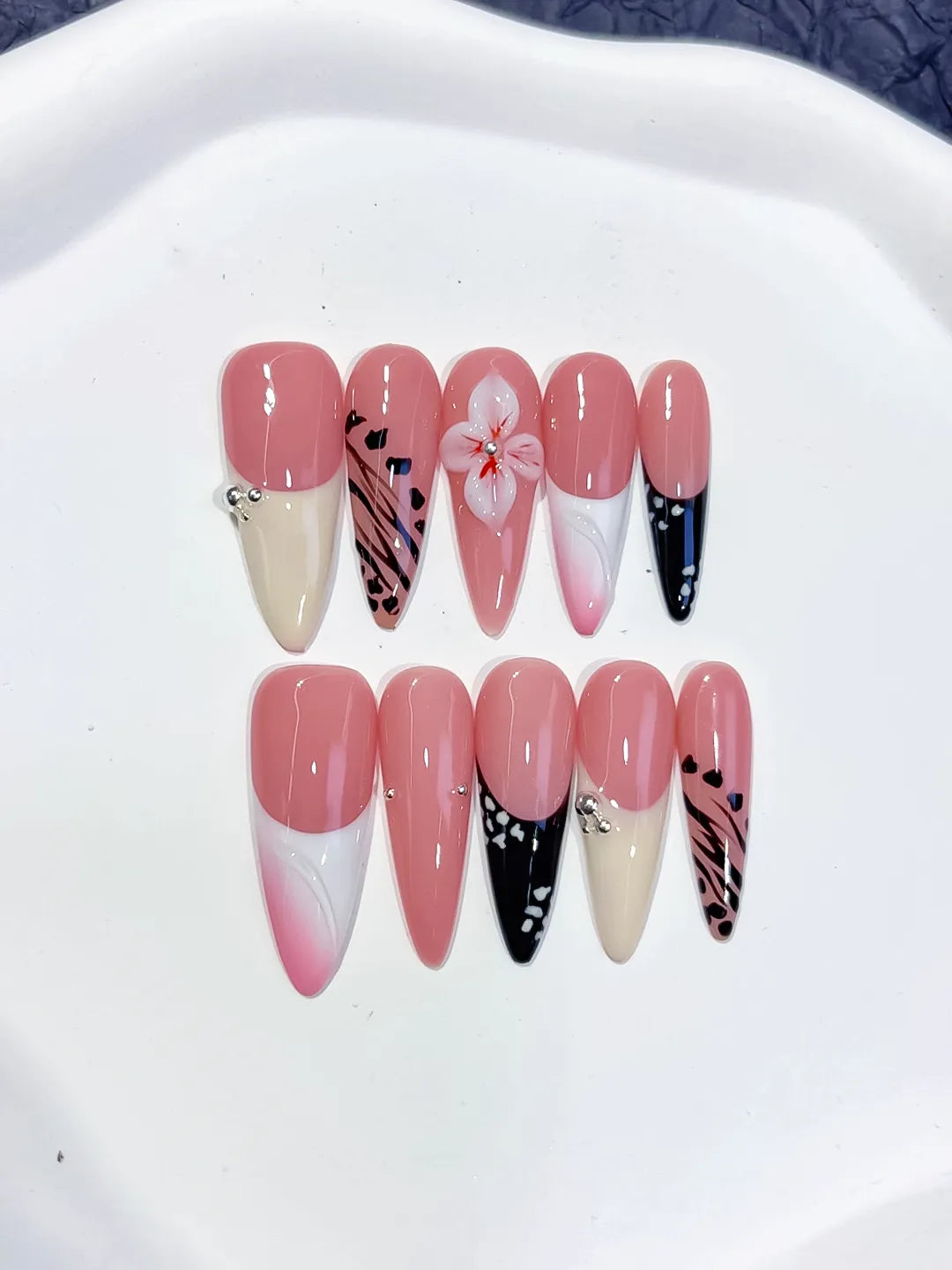Pink White Black Abstract Flower Animal Print Dot Pattern press on nails close up