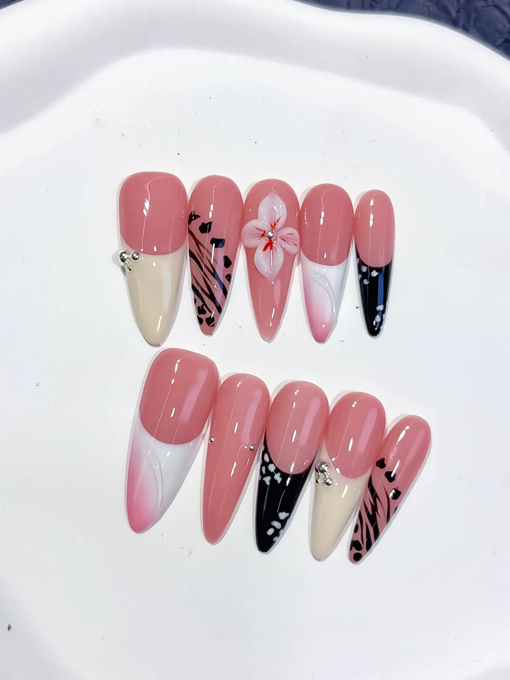 Pink White Black Abstract Flower Animal Print Dot Pattern press on nails detail view