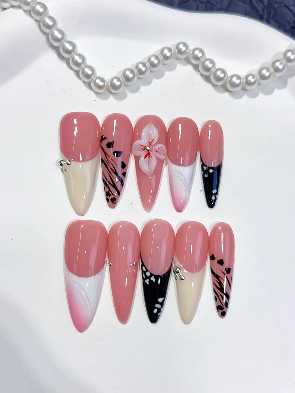 Pink White Black Abstract Flower Animal Print Dot Pattern press on nails detail view