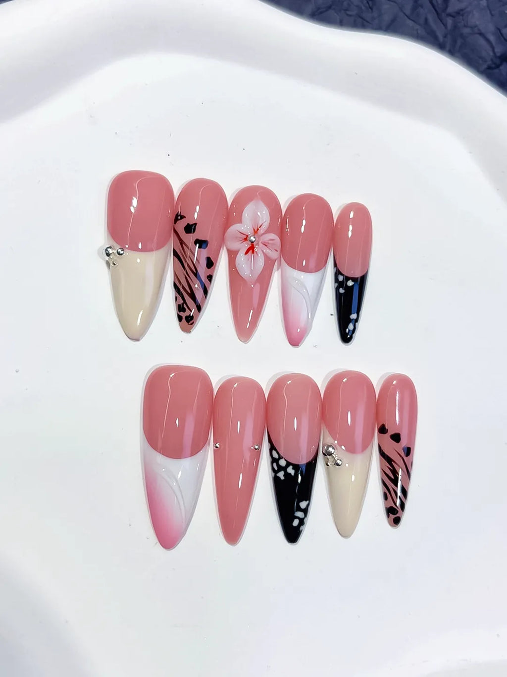 Pink White Black Abstract Flower Animal Print Dot Pattern press on nails detail view