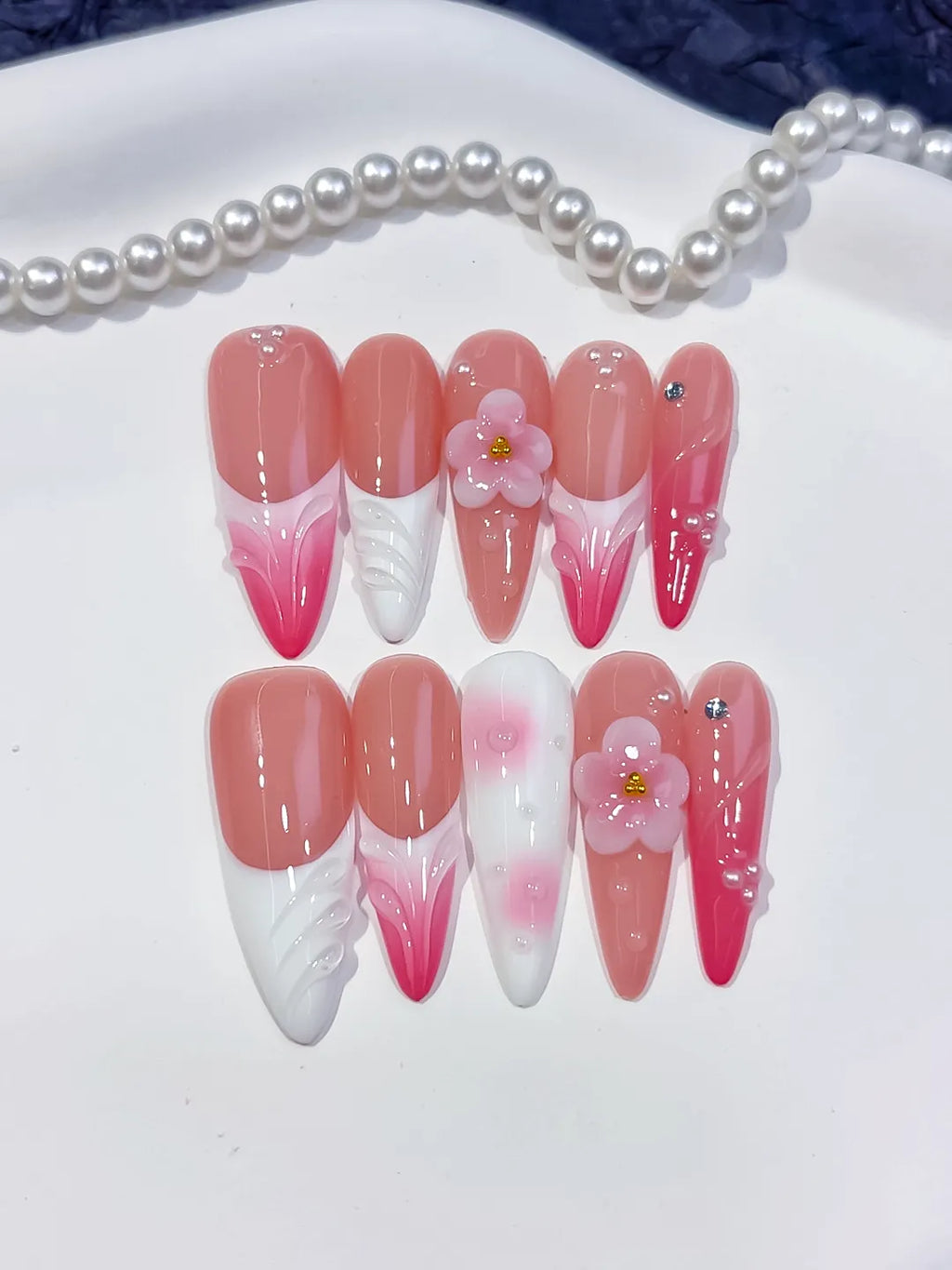 Pink White French tip Flower Shell Rhinestone press on nails detail view