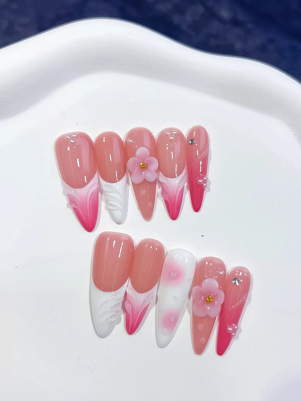 Pink White French tip Flower Shell Rhinestone press on nails detail view