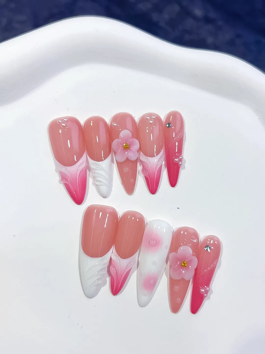 Pink White French tip Flower Shell Rhinestone press on nails detail view