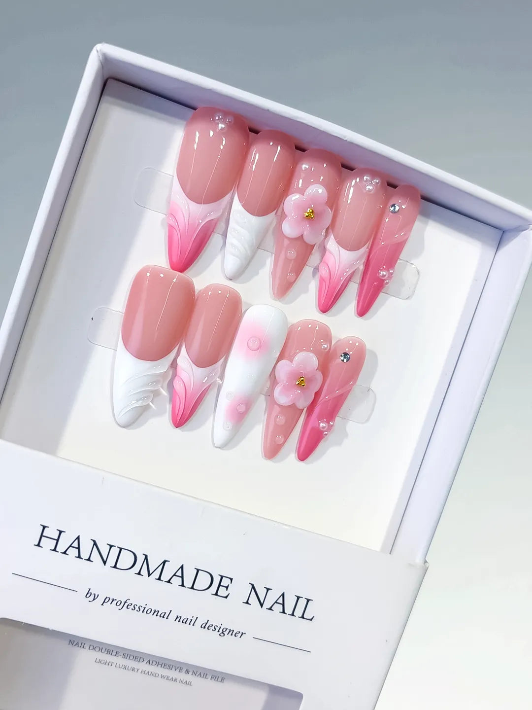 Pink White French tip Flower Shell Rhinestone press on nails