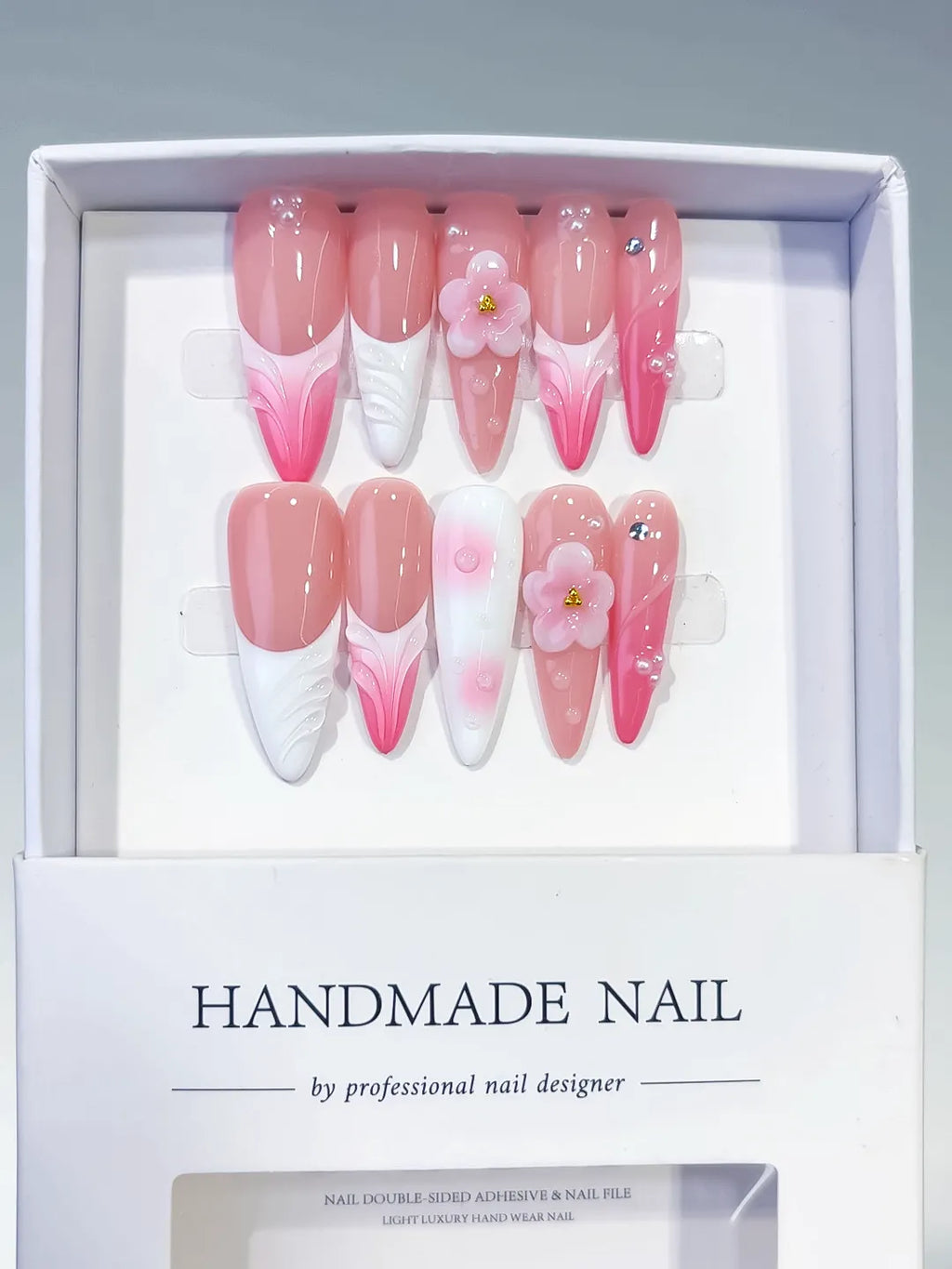 Pink White French tip Flower Shell Rhinestone press on nails full set view