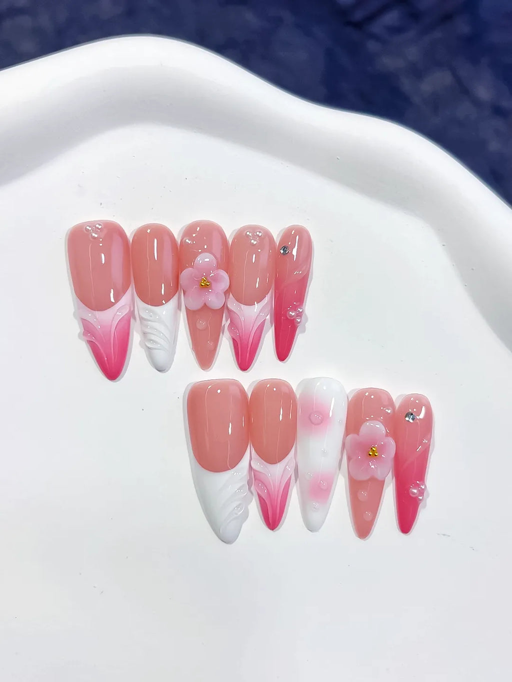 Pink White French tip Flower Shell Rhinestone press on nails detail view