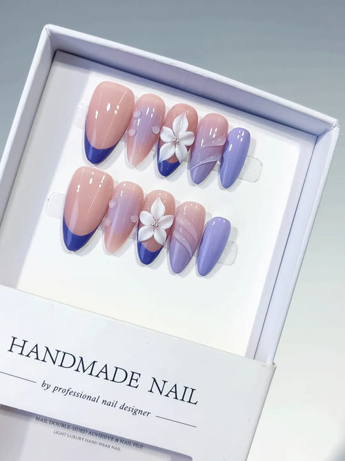 Nude Purple White French tip Flower Shell press on nails