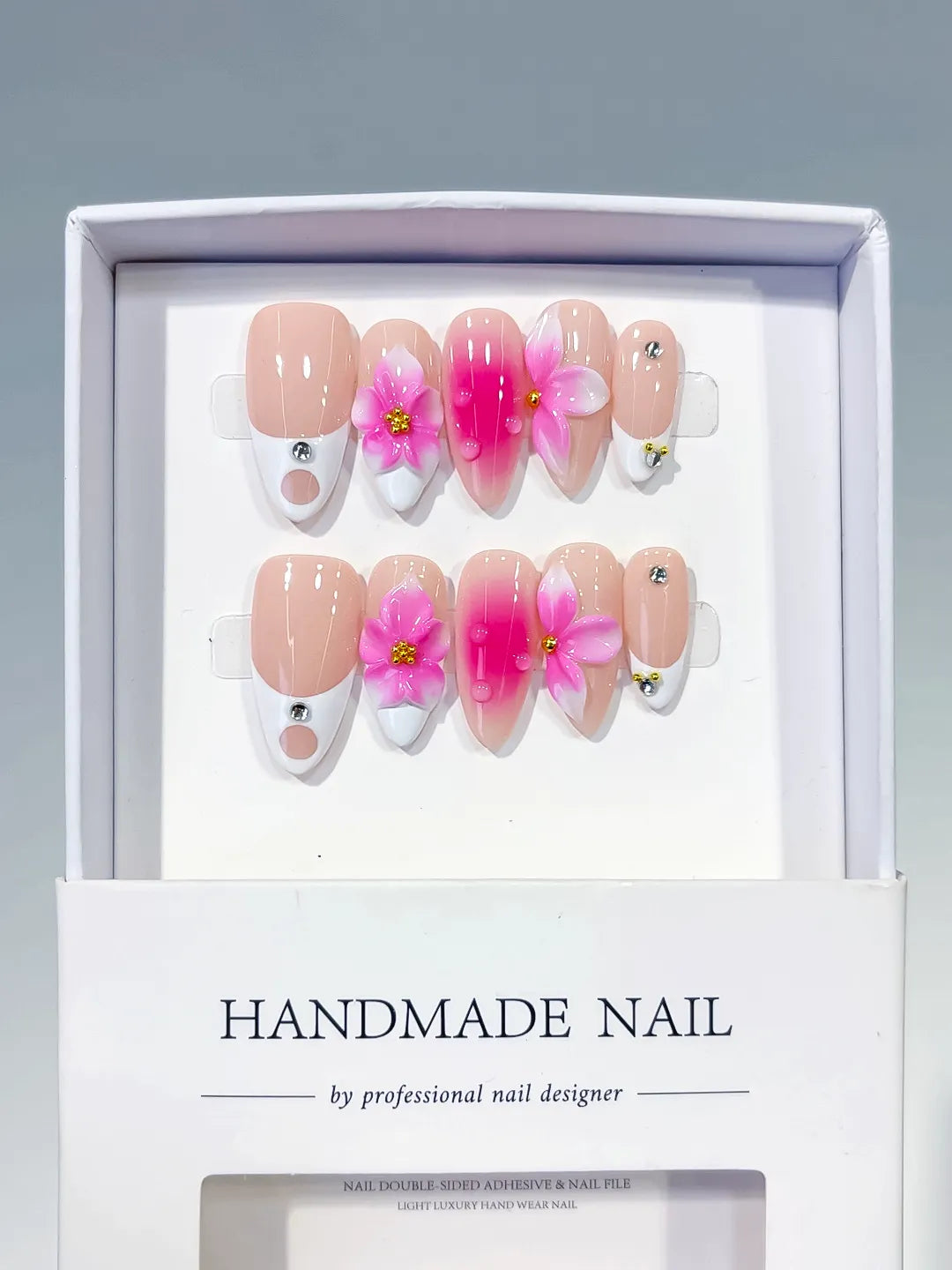 Nude Pink White French tip Flower Rhinestone press on nails full set view