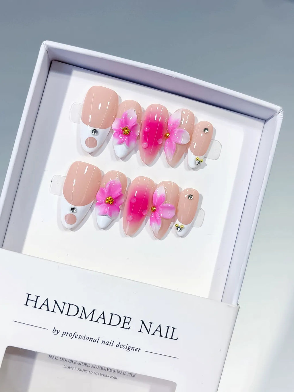 Nude Pink White French tip Flower Rhinestone press on nails