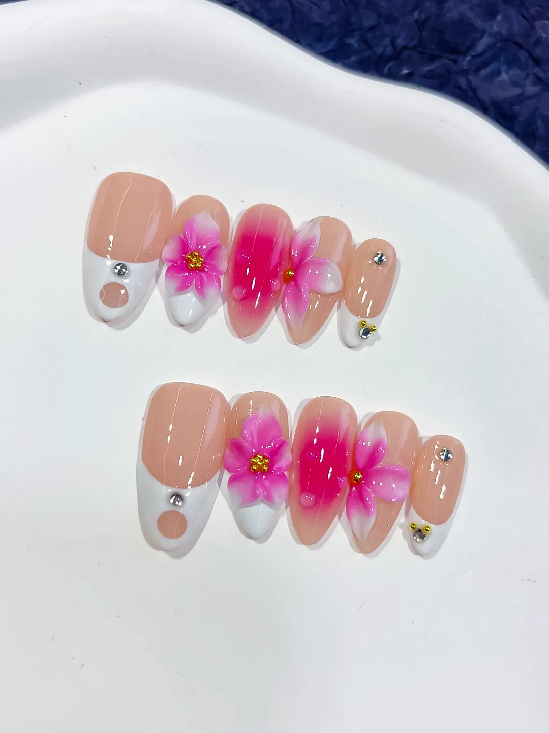 Nude Pink White French tip Flower Rhinestone press on nails close up
