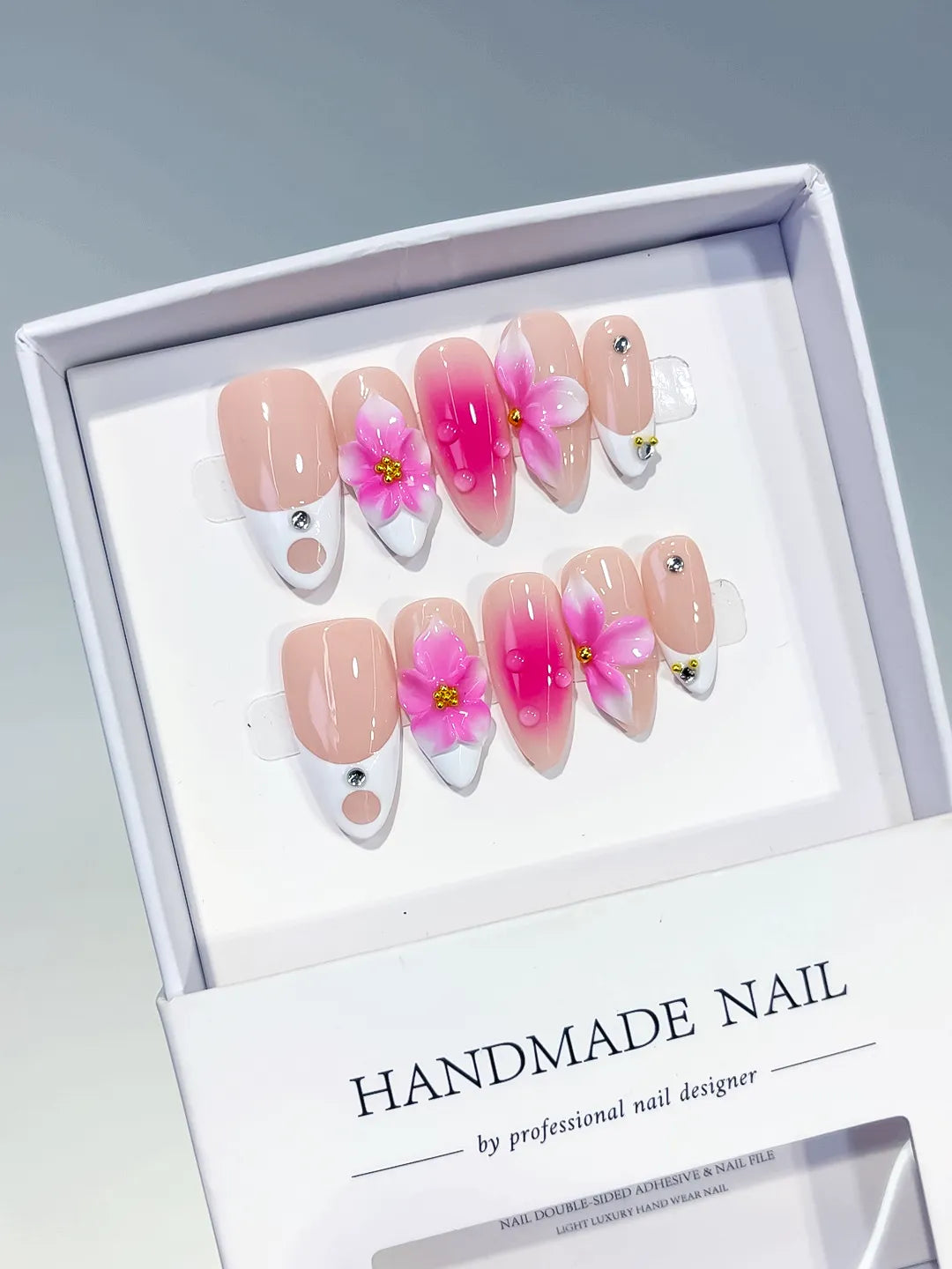 Nude Pink White French tip Flower Rhinestone press on nails angled view