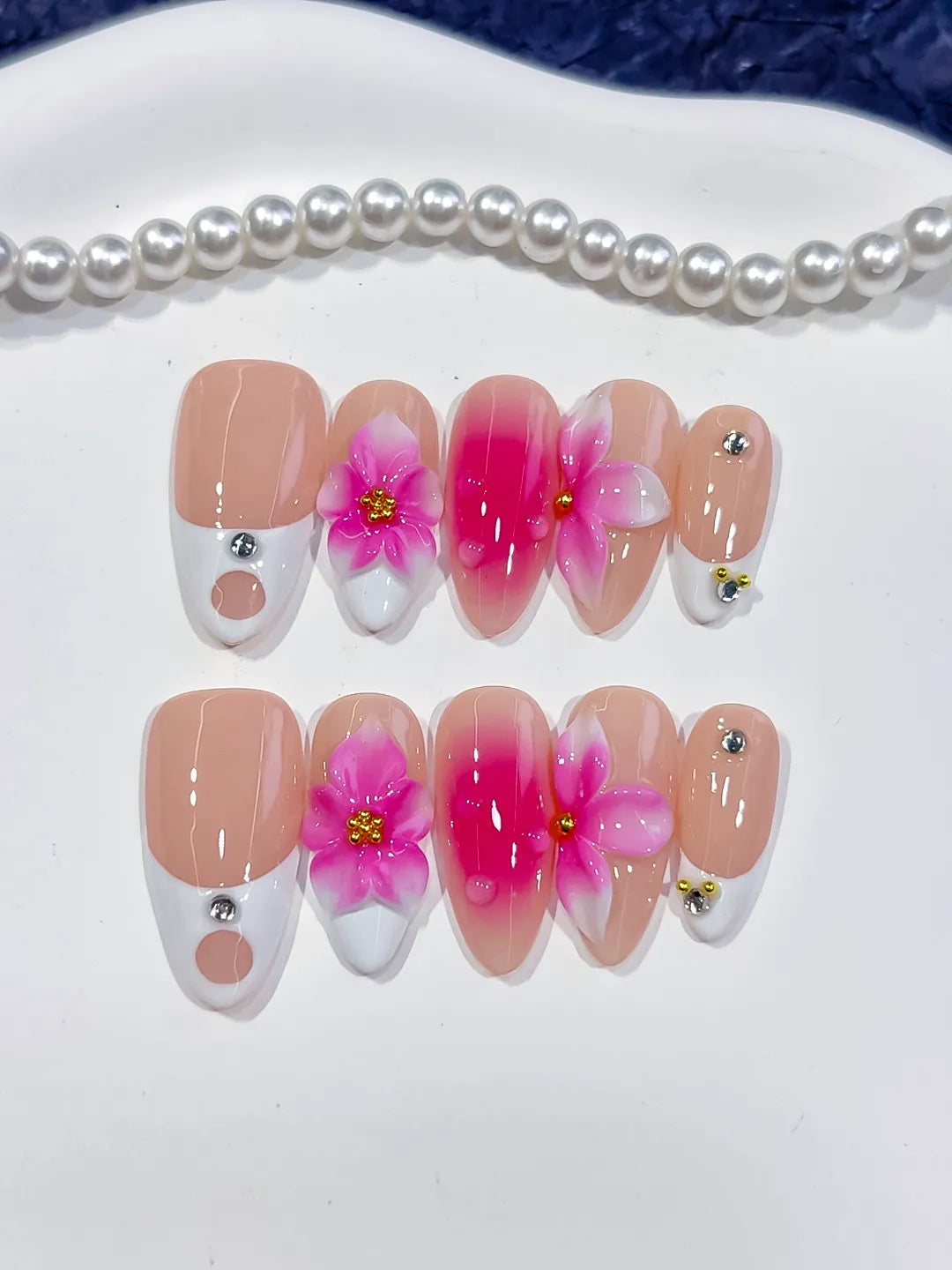 Nude Pink White French tip Flower Rhinestone press on nails detail view