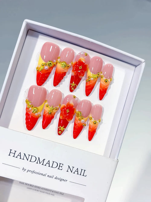 Nude Red Orange Gold French tip Flower Metallic Charm press on nails