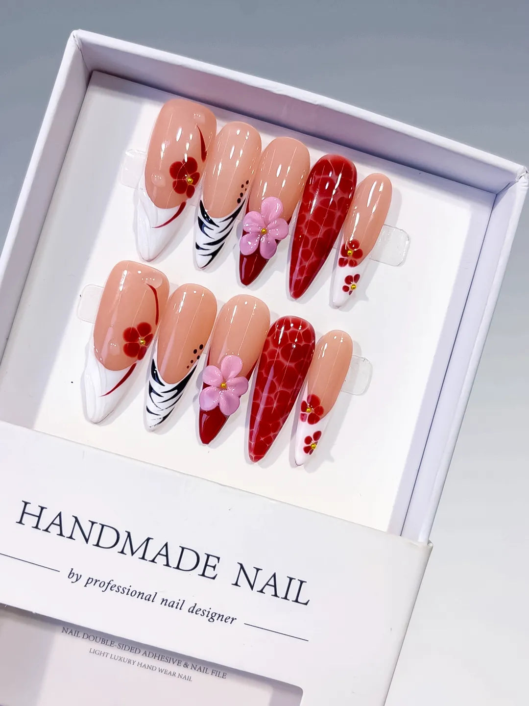 Nude Red White Black Pink Abstract Flower Animal Print press on nails