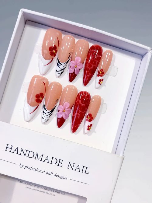 Nude Red White Black Pink Abstract Flower Animal Print press on nails