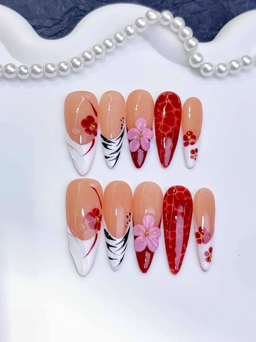 Nude Red White Black Pink Abstract Flower Animal Print press on nails close up