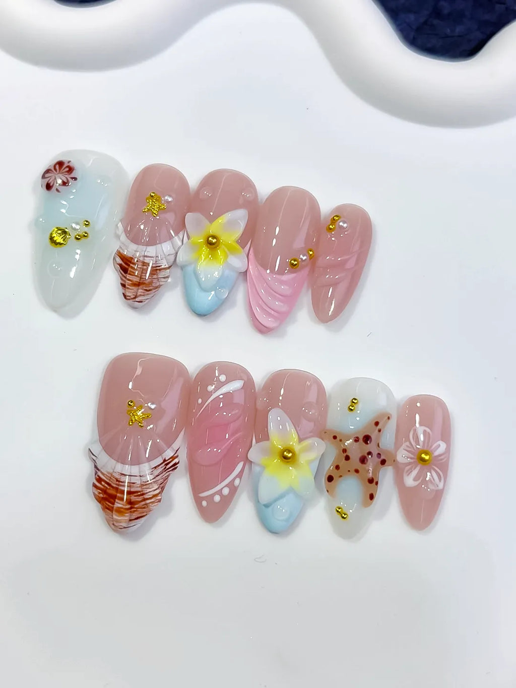 Pink White Brown Yellow Gold Abstract Flower Shell Dot Pattern press on nails close up