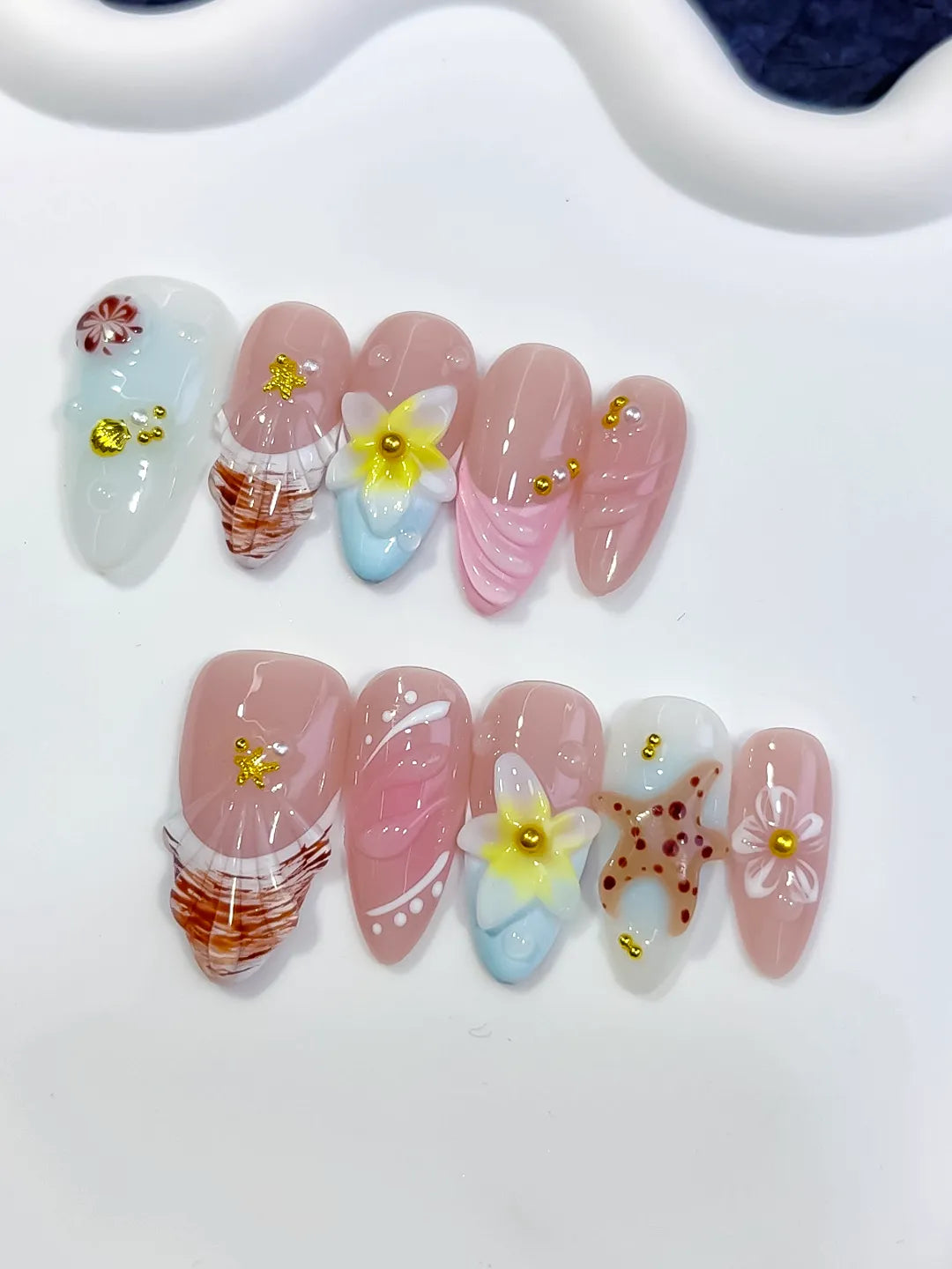 Pink White Brown Yellow Gold Abstract Flower Shell Dot Pattern press on nails close up