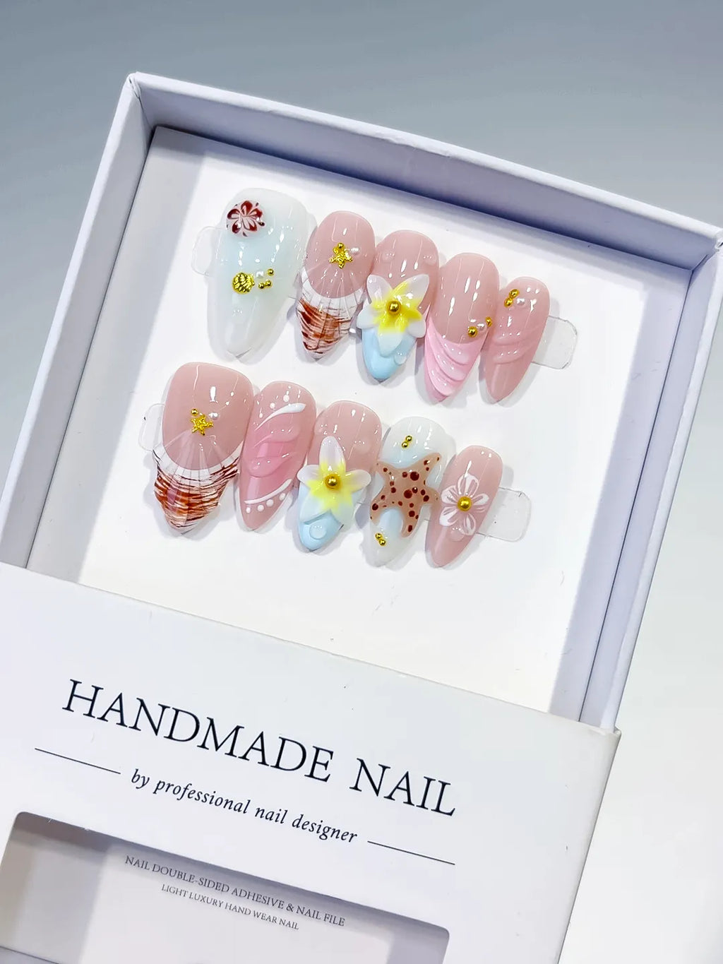 Pink White Brown Yellow Gold Abstract Flower Shell Dot Pattern press on nails