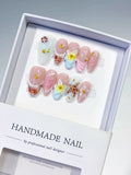 Pink White Brown Yellow Gold Abstract Flower Shell Dot Pattern press on nails