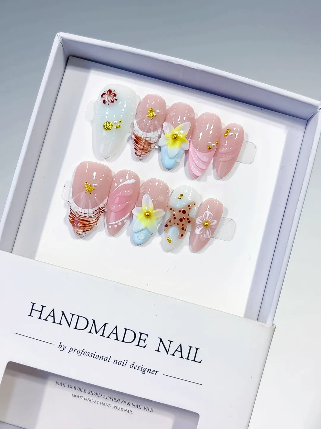 Pink White Brown Yellow Gold Abstract Flower Shell Dot Pattern press on nails