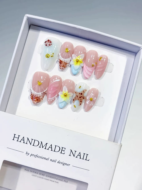 Pink White Brown Yellow Gold Abstract Flower Shell Dot Pattern press on nails