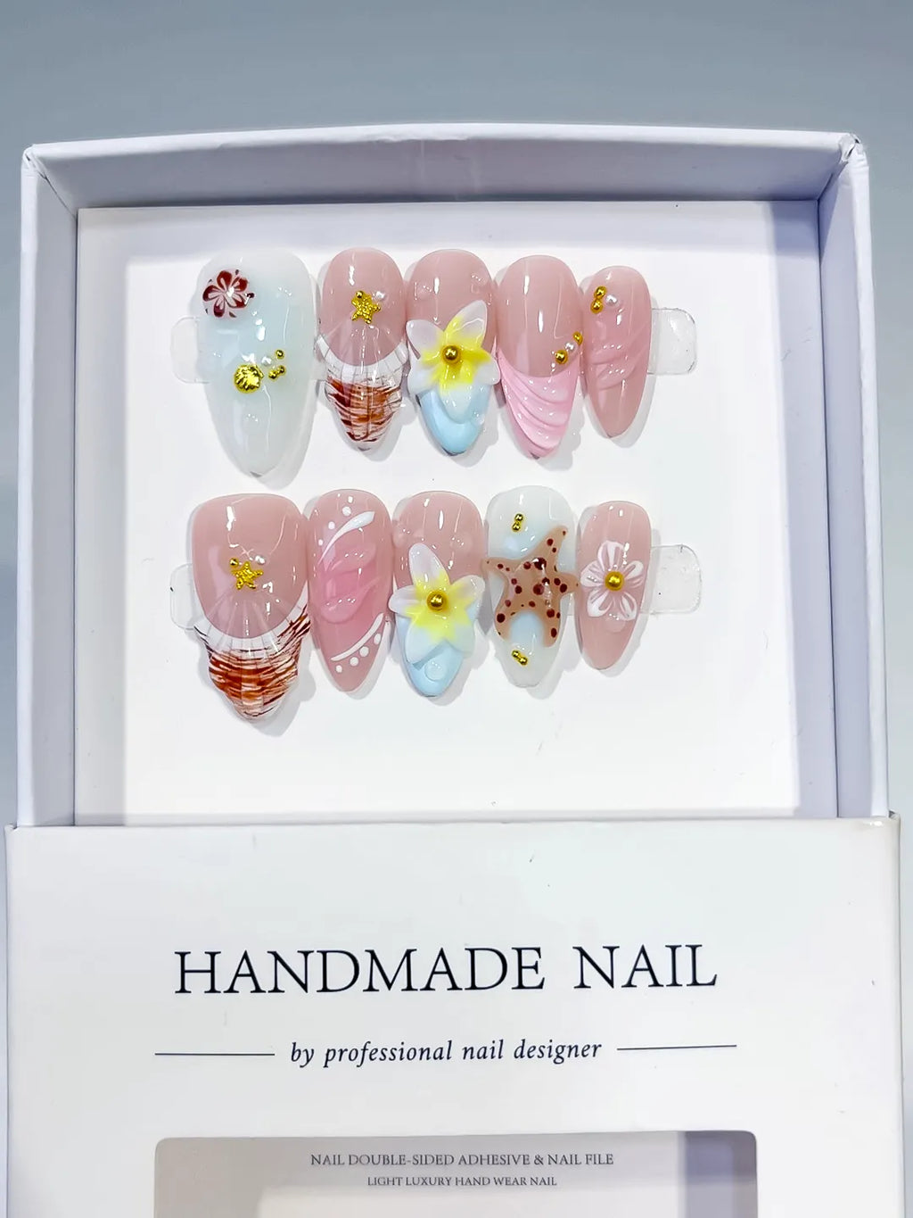 Pink White Brown Yellow Gold Abstract Flower Shell Dot Pattern press on nails full set view