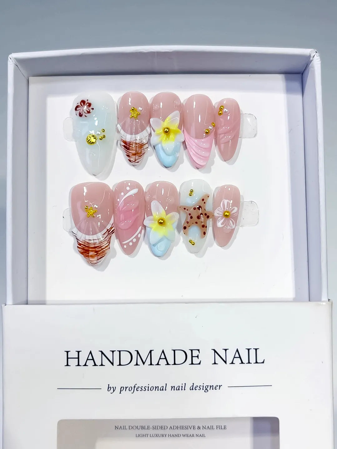 Pink White Brown Yellow Gold Abstract Flower Shell Dot Pattern press on nails full set view