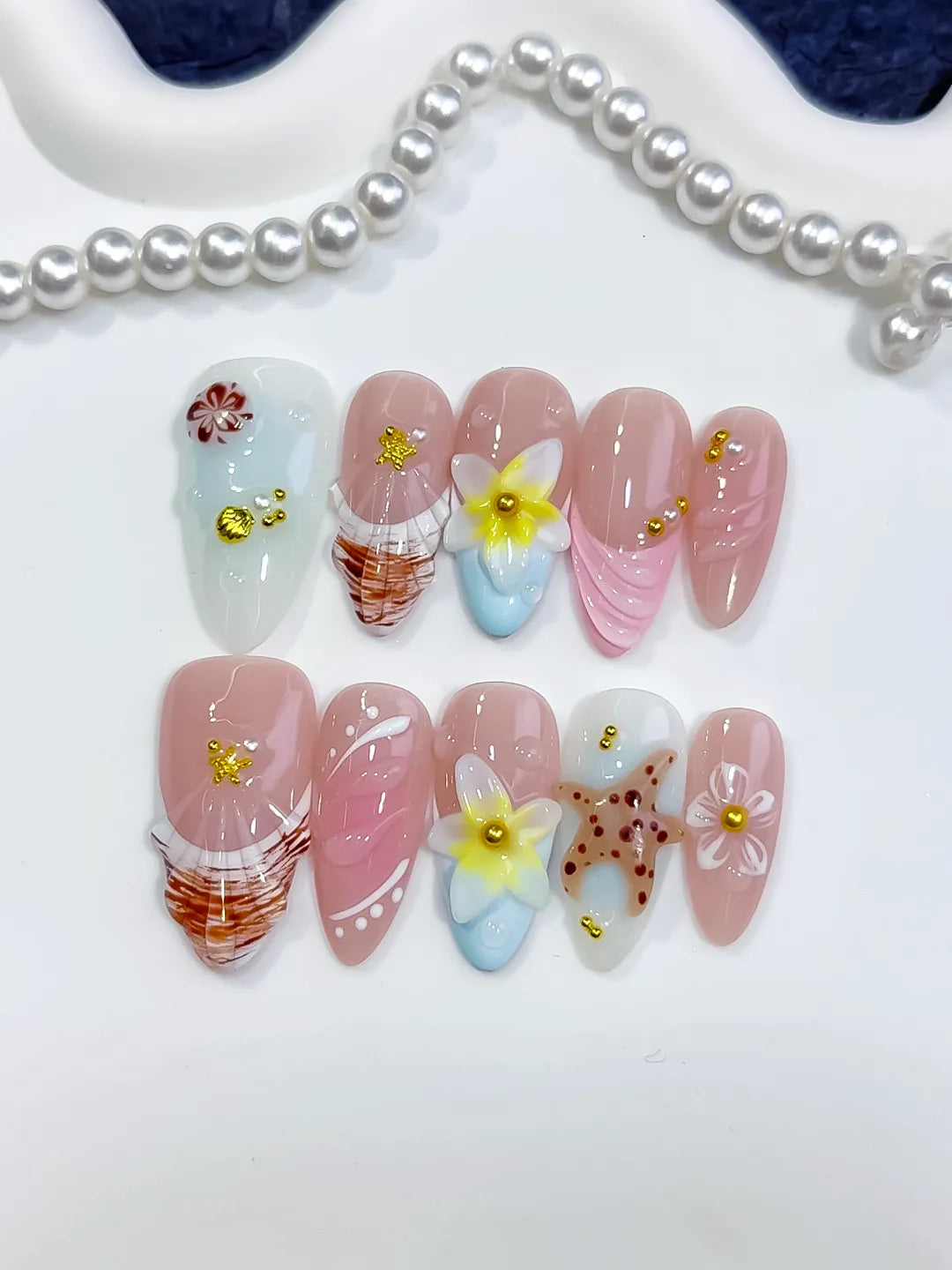 Pink White Brown Yellow Gold Abstract Flower Shell Dot Pattern press on nails detail view