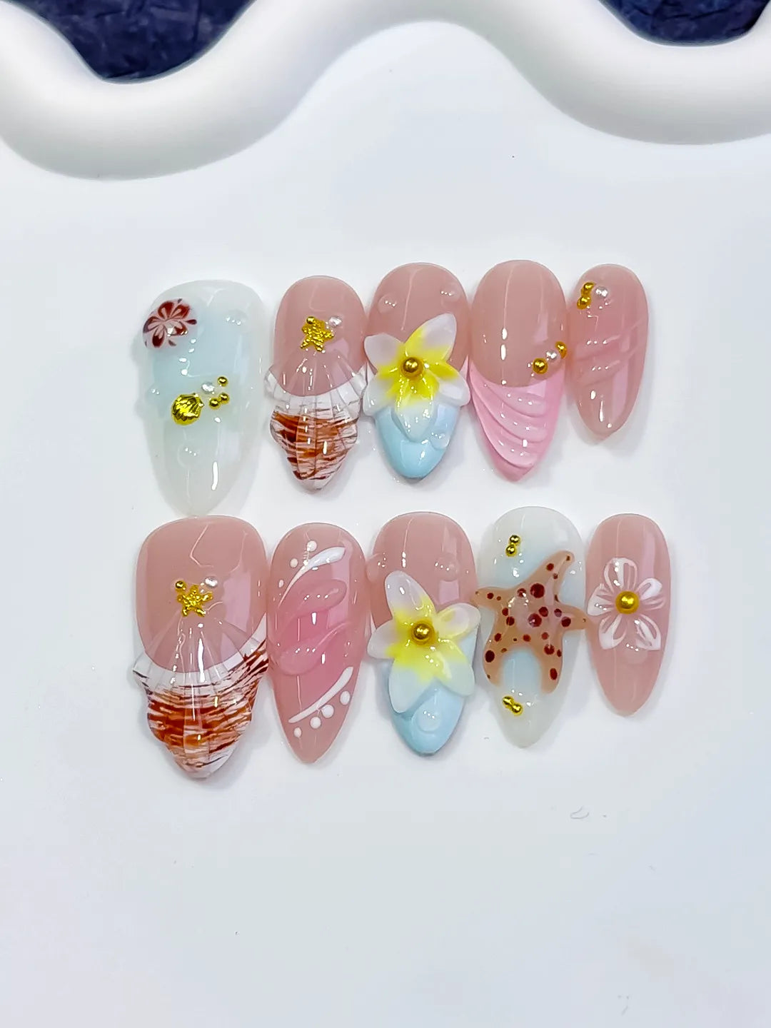 Pink White Brown Yellow Gold Abstract Flower Shell Dot Pattern press on nails detail view