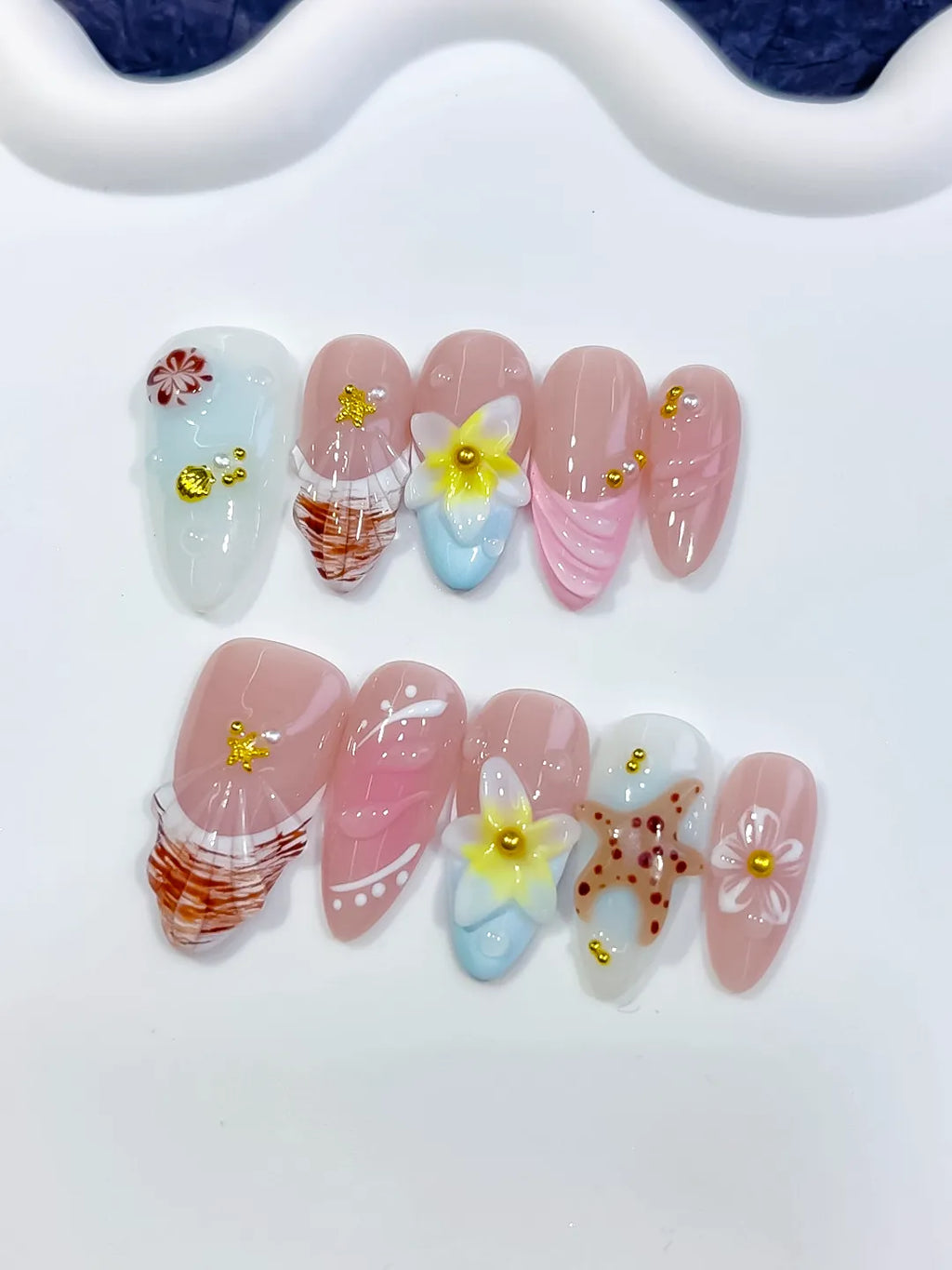 Pink White Brown Yellow Gold Abstract Flower Shell Dot Pattern press on nails detail view