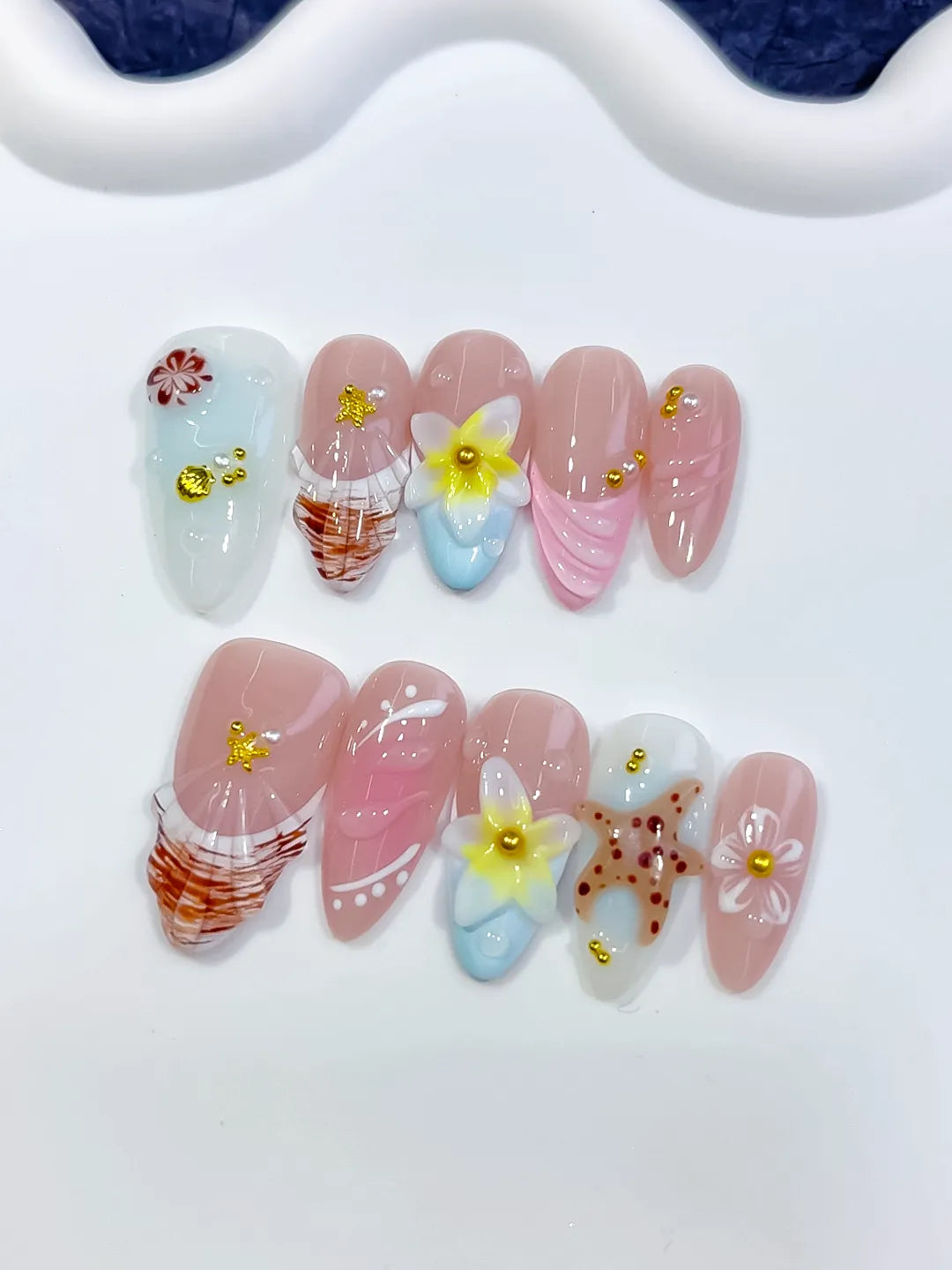 Pink White Brown Yellow Gold Abstract Flower Shell Dot Pattern press on nails detail view