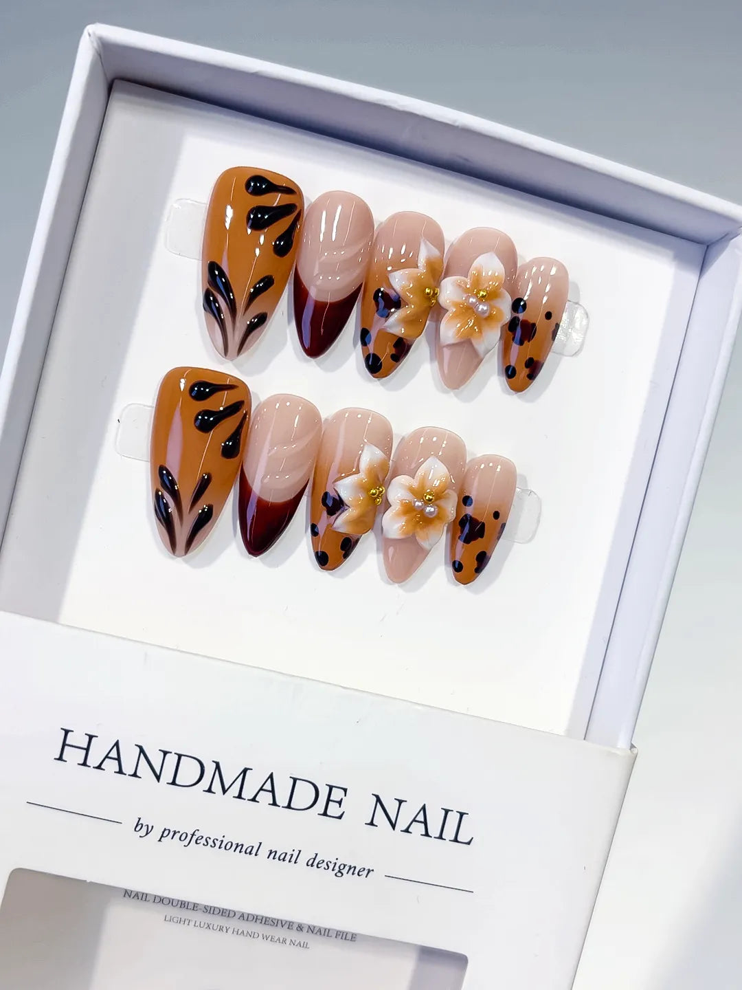 Brown Red Nude Abstract Flower Animal Print press on nails